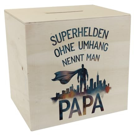 Superhelden Papa Umhang Spardose aus Holz humorvolles Sparschwein für spaßige Sparmomente