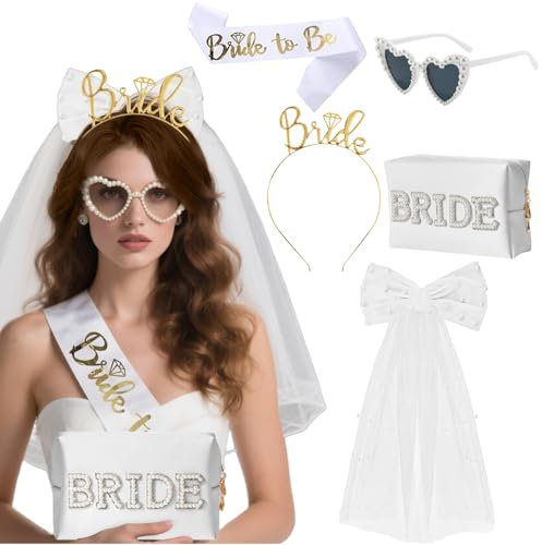 5 Stück JGA Accessoires Frauen, Bride to Be Weiß Schärpe Schleier, Braut Kosmetiktasche, Herz Sonnenbrille Perle, Haarreif Braut, JGA Deko für Junggesellenabschied Frauen,Brautaccessoires zur Hochzeit