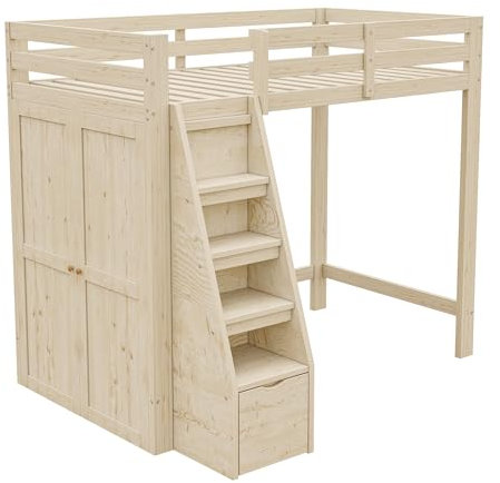 SogesPower Hochbett Kinderbett 90x200 cm mit Sicherheitstreppe (Staufächer + Schublade), Integriertem Kleiderschrank und Massivholz-Kiefer Natur