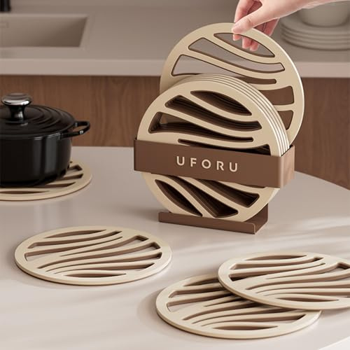 JanYoo Set of 6 Pot Coasters, Heat Resistant, Non-Slip Pot Holders for Kitchen and Table, Modern Design, Kitchen Aid Set, Round Coaster, Underlay, Diameter 15.5 cm (Brown)