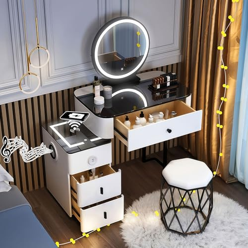 Small Dressing Table with Mirror and Stool, White Vanity Desk with Drawers for Bedroom, Makeup Desk with LED Lights/Wireless Charging/USB Charging Portt/Bluetooth speaker (White, 50cm/19.69inch)