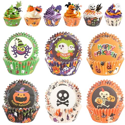 150 Stück Halloween Muffinform Papier mit Halloween Cupcake Topper halloween Muffinförmchen Papier Cupcake Wrappers für Party Decoration
