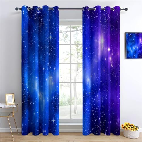 2 Stück Verdunkelungsvorhänge, Sternenhimmel Galaxie Sterne Blickdichter Vorhang Mit Ösen, Thermovorhang, Vorhang Mit Ösen, Verdunkelungsvorhänge für Kinderzimmer, Wohnzimmer (Traumthema 166 x 150 cm)