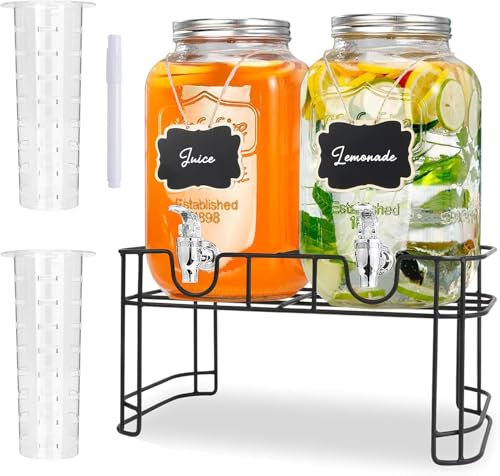 ZhouZGlass Glass Drink Dispenser with Tap, 2 Pack 4 Litre Beverage Dispenser with Fruit Infuser, Laundry Detergent Dispenser Punch Bowls Water Juice dispensers with Easy Flow Spigot for Outdoor