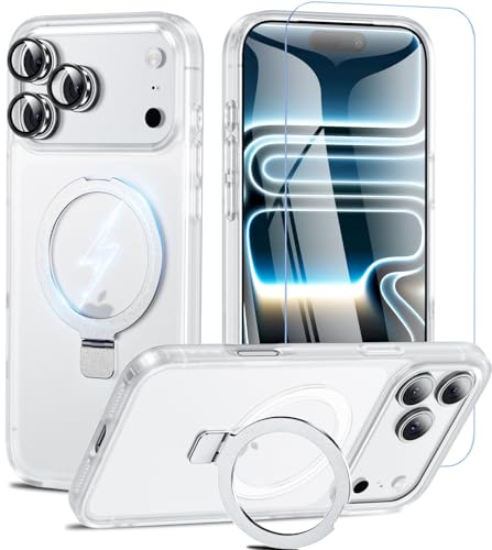 OWKEY Magnetisch für iPhone 17 Pro Max Hülle mit Kameraschutzglas, Weiß | Kompatibel mit MagSafe, Verstellbarer Ständer, Militärischer Fallschutz Transluzente Matt Rückseite Handyhülle