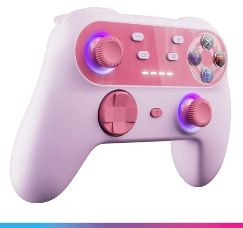 Oniverse Controller wireless per Switch/Switch 2/Lite/OLED/PC/Mobile, joystick con effetto Hall, giroscopio, pulsanti macro, modalità turbo e vibrazioni regolabili, LED, autonomia 6h – Walli (Rosa)