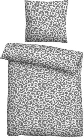 Traumhaft schlafen - Castell - Markenbettwäsche Seersucker Bettwäsche 155x200 cm, 100% Baumwolle, kühlend & bügelfrei, Reißverschluss, Sommerbettwäsche, Leo, Silber/grau, Modell 0020761