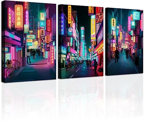 Juego de 3 pósteres de anime sin marco, arte japonés para pared, calles de neón de Tokio, noche, ciudad de Japón, póster para decoración de pared para sala de estar, dormitorio, baño, decoración