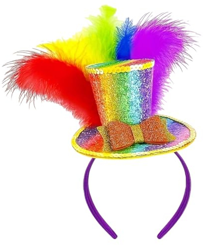 AYNKH Regenbogen Clown Hut Karneval Kopfbedeckung Zylinder Hut mit Haarband Feder Schleife Dekor Glitzer Clown Kostüm für Mädchen Jungen Männer Frauen