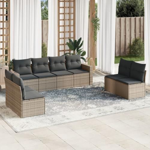 HETFTJN Ensemble de 9 meubles de jardin en polyrotin gris, 65,5 x 62 x 69 cm, avec table en verre, coussins amovibles, modulable, pour balcon, terrasse et salon de jardin