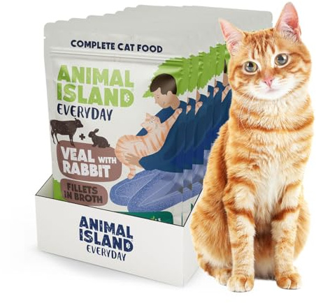 Animal Island Vollnahrung für Erwachsene und Kastrierte Katzen Kalb und Kaninchen in Rinderbrühe Filets mit Cranberry und Inulin Nassfutter im Portionsbeutel, 12 x 85g