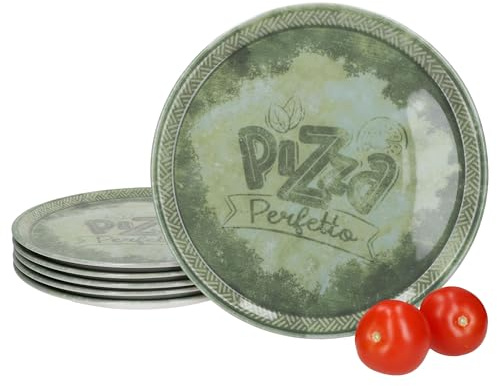 MamboCat Perfetto - Set di 6 piatti per pizza, diametro 31,5 cm, colore verde, per 6 persone, in porcellana rustica per pizza, torte flambate e molto altro ancora, grandi piatti piani con decorazioni