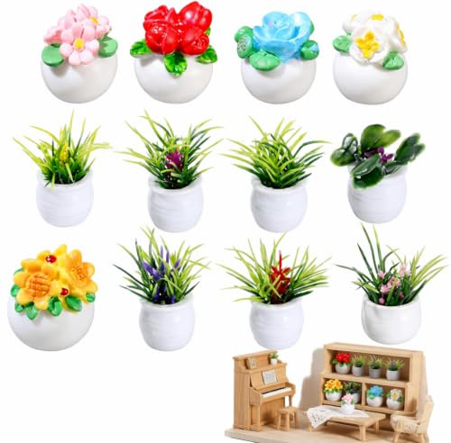 Mini Plant Pots, Miniature Potted Plants, Miniatures, Dolls House Accessories, 12Pcs Realistic Miniature Flower Pots, Tiny Potted Plant Ornament for Dollhouse, Miniature Garden & Desktop Decor