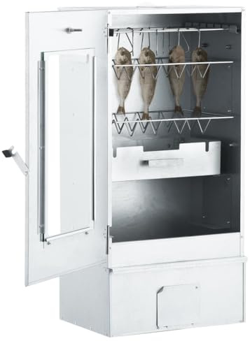 Räucherofen mit Kaltrauchgenerator, Räucherschrank aus verzinktem Stahl für Fisch Fleisch Wurst, Inklusive Thermometer Sichtfenster und Räucherspäne, 44,5x29x83cm