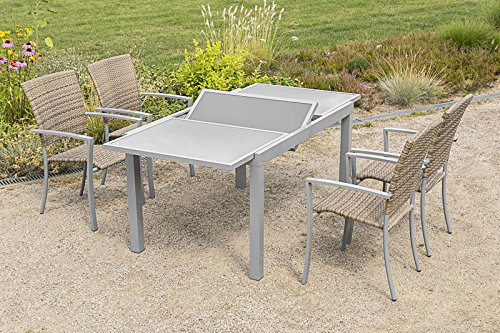 MERXX 5tlg. Savona Set, 4 Savona Stapelsessel, naturgrau, 1 Ausziehtisch, 140 (200) x 90 cm