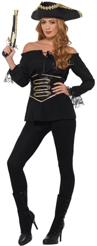 Smiffys Deluxe Pirate Shirt, Ladies, Black with Lace Up Waist Cincher, Pirate Fancy Dress, Pirate Dress Up Accessories Halloween