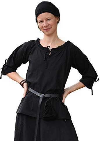 Battle-Merchant Mittelalter Bluse Birga | LARP Bluse aus Baumwolle mit 3/4 Arm | Mittelalter Kleidung für Damen (Schwarz/L)
