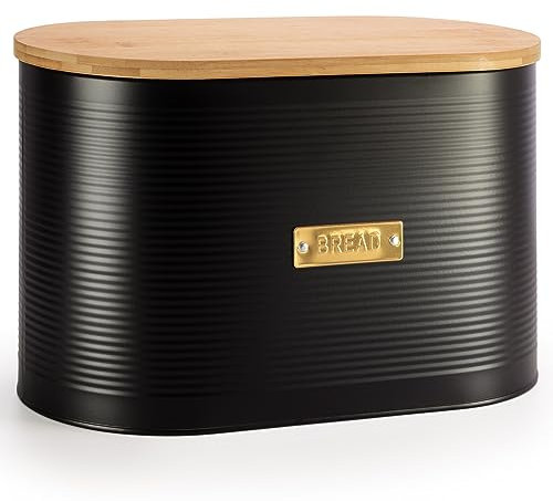 EHC Extra Large Bread Bin with Lid, Black Breadbox for Bread Storage, 8L, 19.5 (D) x 34 (W) x 20.5 (H) cm