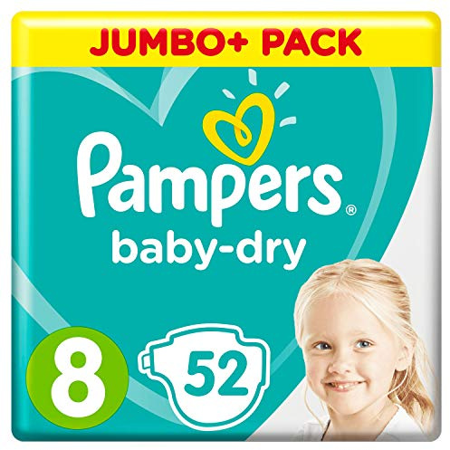 Pampers Baby-Dry Größe 8, 52 Windeln, 17+kg, Jumbo+ Pack, Luftkanäle für atmungsaktive Trockenheit über Nacht