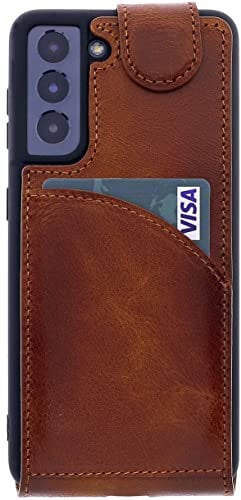 Burkley Leder Flip Case für Samsung Galaxy S21 Handyhülle Handytasche mit 360° Schutz und Kartenfach (Sattelbraun)