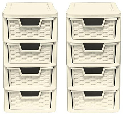 4 Drawer Small Rattan Tower Unit - Cream, Set of 2 Units - 38.5cm (H) x 19cm (W) x 26cm (D)