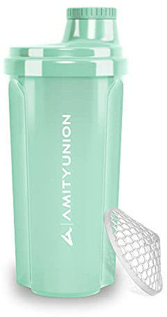 AMITYUNION Eiweiß Shaker „Heaven“ 500 ml auslaufsicher, BPA frei, mit Sieb & Skala - ORIGINAL - für cremige Whey Proteinpulver Shakes, Protein Isolate & BCAA Konzentrate, Protein Shaker in Mintblau