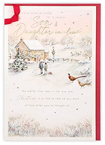 Clintons: Weihnachtskarte für Schwiegersohn und Schwiegertochter mit verschneitem Haus