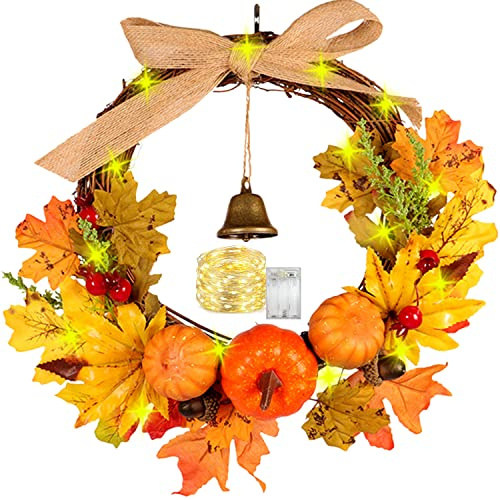 32CM Artificial Autumn Fall Wreath with LED Light Maple Leaf Harvest Pumpkins Bells Acorn Berries Front Door Hanging Wreath for Thanksgivings Halloween Home Decoration (Color 2)