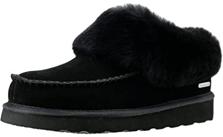 PAMIR Damen Mokassin aus echtem Wildleder, Lammfell, Stiefelette, Hausschuhe, Memory-Schaum, für drinnen und draußen, Schwarz, 37 EU