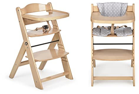Ms BabyWorld - Chaise Haute Full en bois | Évolutive | Réglable en hauteur | Repose-pieds | Plateau Amovible | Convertible et Sécurisée | Harnais à 5 Points | Style Nordique