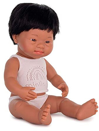 Miniland Dolls: lateinamerikanische Babypuppe Junge, mit Down Syndrom aus weichem Vinyl, 38 cm, präsentiert mit Unterwäsche in Geschenkbox (31267)