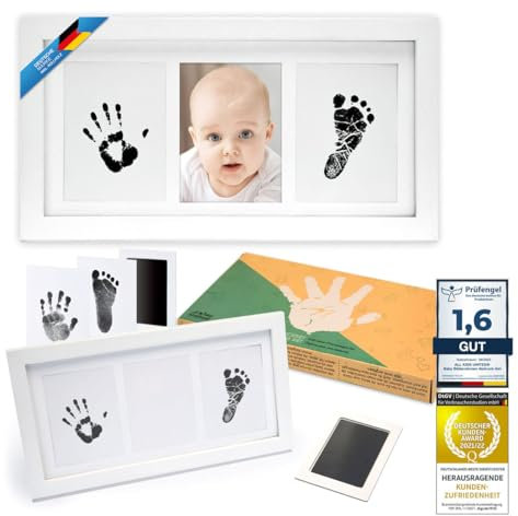 all Kids United® Baby Bilderrahmen Abdruck-Set - Fotorahmen für Hand-Abdruck, Fuß-Abdruck & Fotos; Geschenk-Set für Geburt, Taufe, Baby-Part uvm. 3-teilig weiß (Tinte)