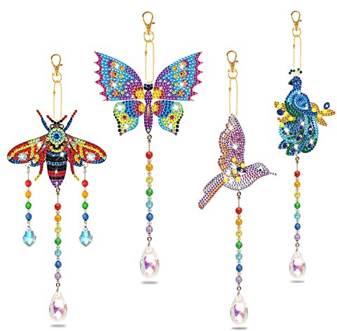 SAVITA 4 Stück Diamond Painting Sonnenfänger, DIY Windspiel Set mit Kristallprisma Anhänger Kolibri Biene Schmetterling Pfau Hängende Ornamente mit Diamantmalerei für Zuhause Büro Garten