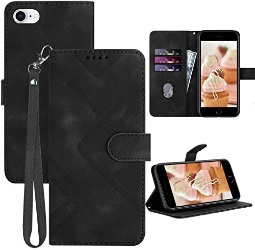 GOTOURED for iPhone SE 2022/2020/8/7/6/6S Phone Case Wallet, Card Holder Leather, Wrist Strap, Magnetic Closure, Kickstand, Shockproof Protective Pattern Flip Cover (Black)