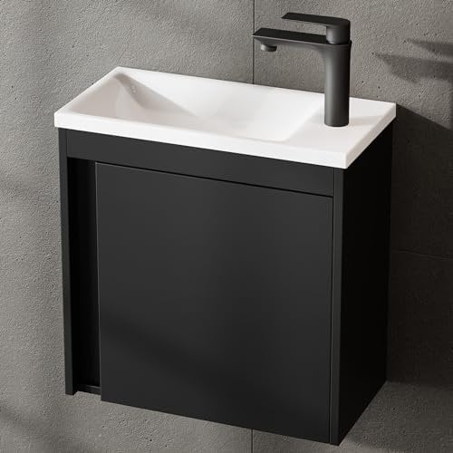 Planetmöbel Badmöbel Set 2-teilig Waschbecken mit Unterschrank 50 x 48,3 x 24,8 cm schwarz matt, Waschbeckenunterschrank mit Einsatz-Waschbecken weiß