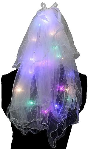 Ucult Leuchtender Schleier mit Perlen & Schleife Multicolor LEDs I Jungesellinnen Abschied Brautschleier Verkleidung Brautschleier I Kostüme Blumenmädchen Hochzeit