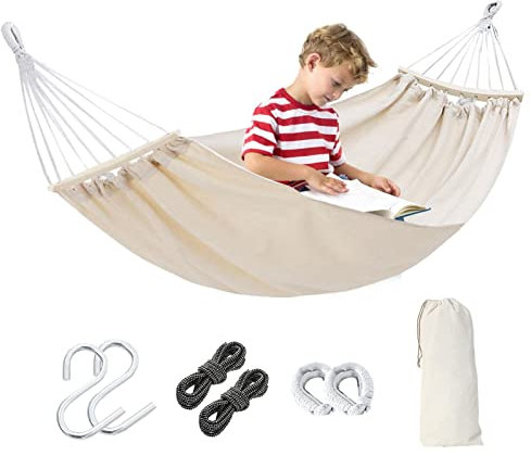 Fukamou Leinwand Hängematte | Einzeln Oder Doppelt | Stabhängematte Für Indoor Outdoor Balkon Garten Camping | Kippsicher | 190x80cm Beige