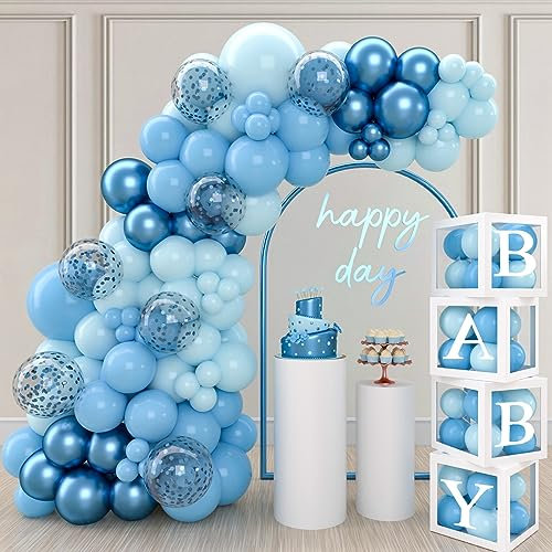 Babyparty Deko Junge, Luftballon Girlande Blau mit Baby Box, Baby Shower Deko Box, Ballon Girlande Blau für Baby Party Dekoration, Gender Reveal Party, 1. Geburtstag Junge