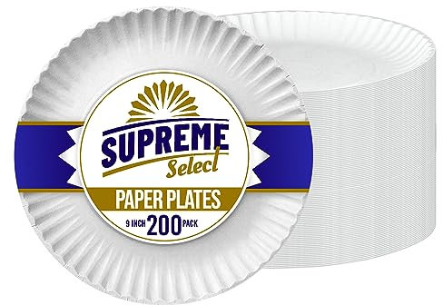 Supreme Select Disposable Paper Plates in Bulk [Set of 200 | 9 inch] Uncoated White Large Plate – Ideal for Birthday Parties, Weddings, Thanksgiving, Dinners, Desserts, Crafts, and BBQs