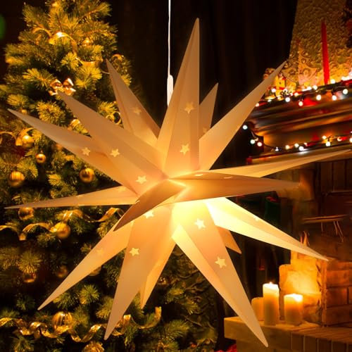 Leuchtstern 3D Weihnachtsstern Beleuchtet, 45cm LED Weihnachtsstern mit Timer für innen und Außen, 3D Außenstern Weiß Weihnachtssterne Beleuchteter, Faltstern für Fensterstern Deko Weihnachtsdeko (A)