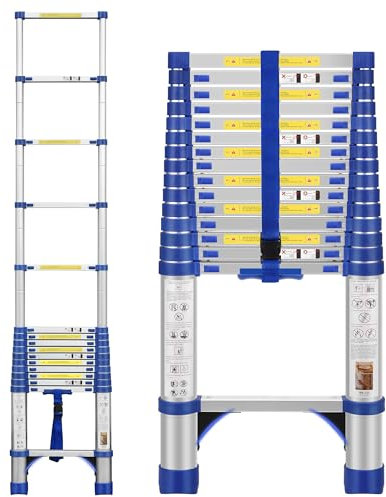 BOWEITI Teleskopleiter, 4,5 m, tragbare Aluminium-Klappleiter mit 2 Dreieck-Stabilisatoren, leichte Wohnmobil-Kompaktleiter, Teleskopleiter für Zuhause, Outdoor, 150 kg Kapazität (blau)