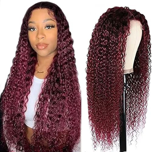 Hxxcoup Perücke Damen Echthaar Perücke Burgundy 4x1 Lace Wig Human Hair Wig Curly Wig Rote Haare Perücken für Unprocessed Brasilianisches Remy Hair Transparent Swiss Lace 20 Zoll