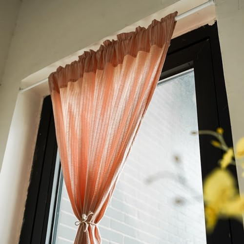 A.Monamour Rideau Voilage Passe Tringle Semi Transparent Opaque Coton Rayé Rural Décoration Fenêtre Court Rideau de Porte à Pompons Glands pour Salon Chambre Salle de Séjour Cuisine, 1 Panneau, orange