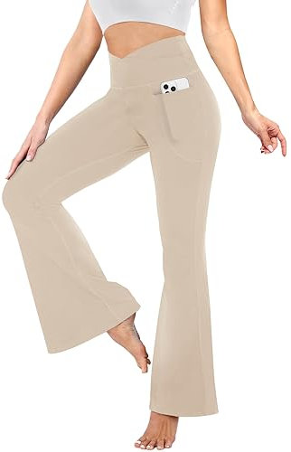 YOLIX Flare Leggings für Damen mit Taschen – Crossover-Leggings mit hoher Taille, schwarz, ausgestellte Leggings für Yoga, Fitnessstudio, Workout, Khaki, X-Klein