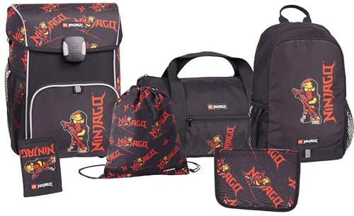 SKANDO BAGS Lego Ninjago Schulranzen Set Jungen & Mädchen ab 1. Klasse - 6-Teilig - Schulrucksack, Federmappe (Gefüllt), Turnbeutel, Kleinerer Rucksack, Geldbörse und Sporttasche, Rot