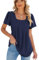 Famulily Solid Color Short Sleeve T-Shirt for Women Square Neck Hollow Shirt Casual Loose Simple Tops for Summer (M, Navy)