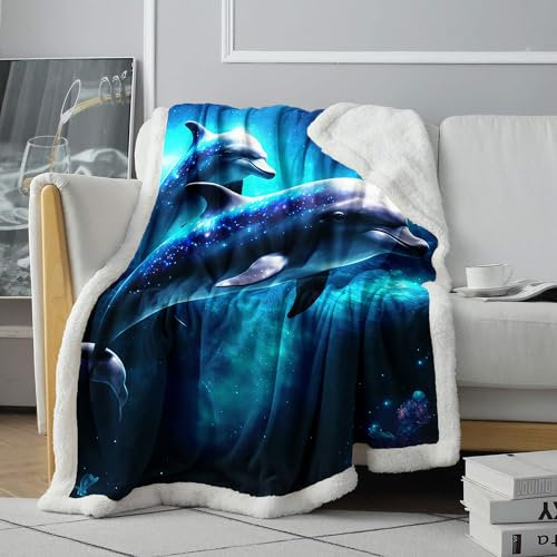 Dolphin Space 3D Dicke warme Fleece Decke, Fleece Überwurf, Decke, Nickerchen Decke, Ganzjahres Überwurf, Decken für Kinder und Erwachsene, Kinderbett, 150 x 200 cm, Sherpa