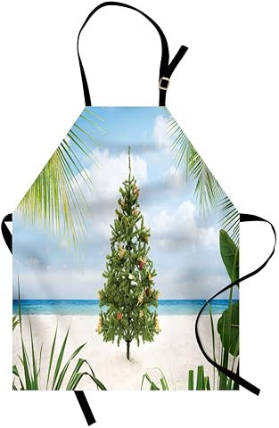 ABAKUHAUS Weihnachten Kochschürze 2er-Pack, Baum mit Lametta und Verzierungen Tropical Island Sandy Beach Party Theme, Höhenverstellbar Klare Farben ohne verblassen, Creme Grün Blau