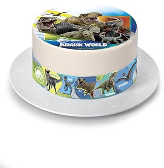 Kardasis Jurassic World cake topper avec papier sucre | Topper comestible pour gâteaux | Disque Azyme Décoration de gâteau pour l'anniversaire thème Jurassic World | 20 cm + 4 rubans