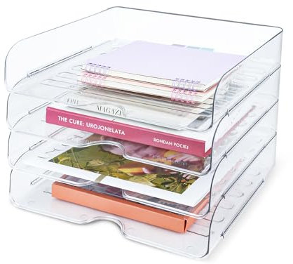 IBEQUEM 4 PCS Stackable Desk Letter Tray Set, Transparent Acrylic Paper Trays Holder, A4 Size File Organizer, Multifunctional Tidy Filing Storage Rack for Office Desk